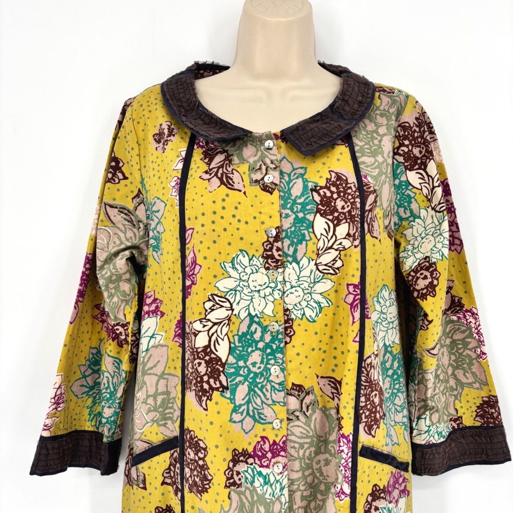 Little Journeys Chicago Womens Large Floral Polka Dot Cotton Tunic Button Top